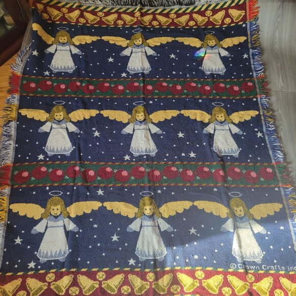 Vintage Crown Crafts Angel Christmas Throw Blanket 53" X 43" Cotton Blend - Picture 1 of 5